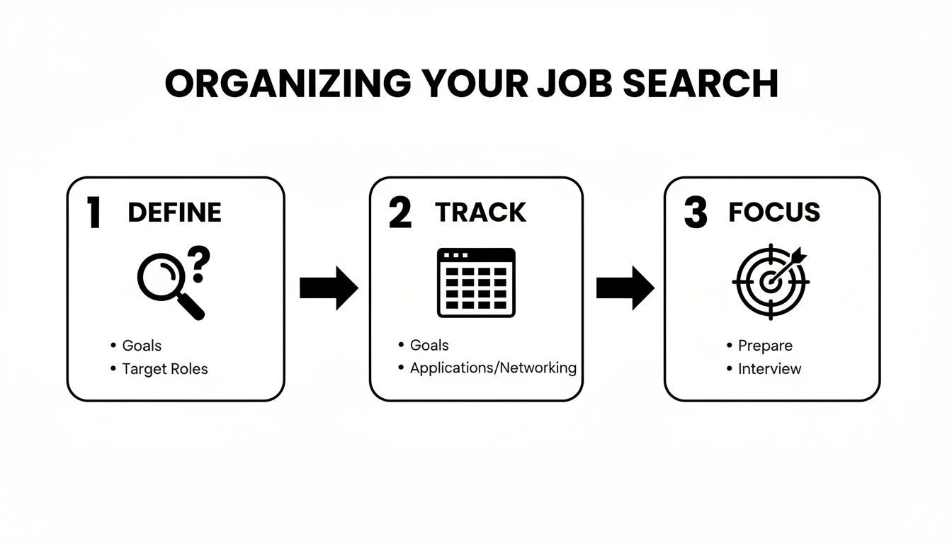 A three-step infographic outlining how to organize your job search: Define, Track, and Focus.