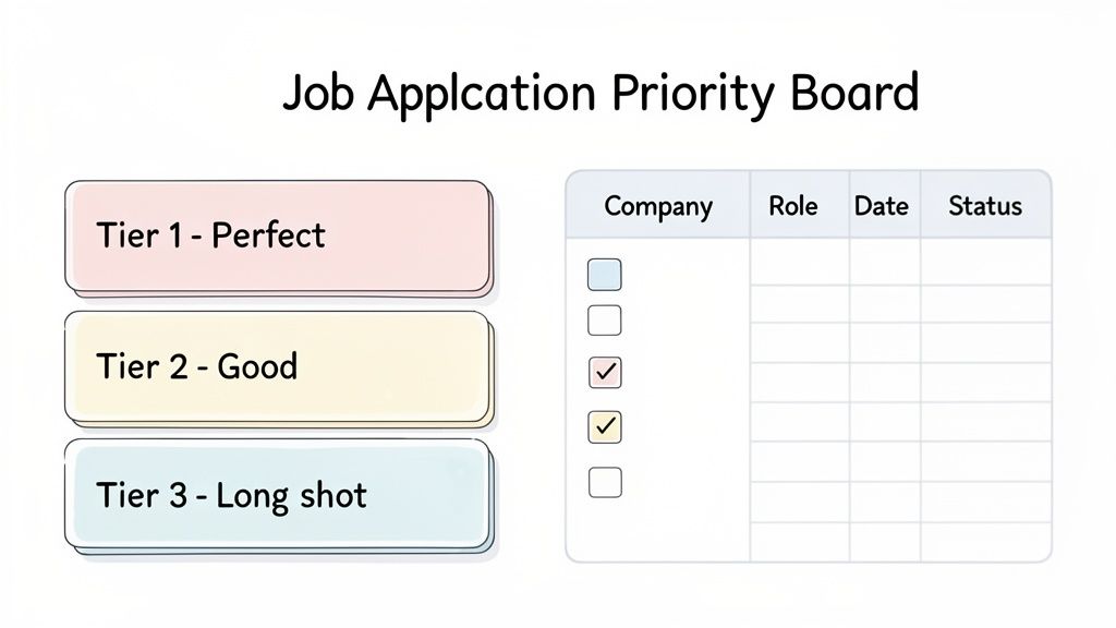 A job application priority board with three tiers and a table to track applications and status.