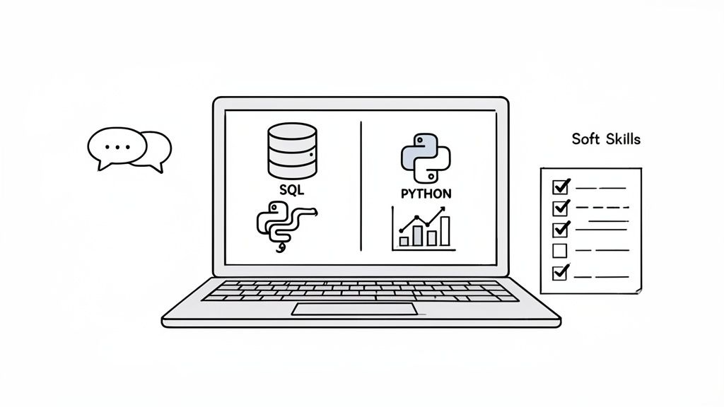 A drawing showing a laptop with SQL and Python skills, speech bubbles, and a 'Soft Skills' checklist.