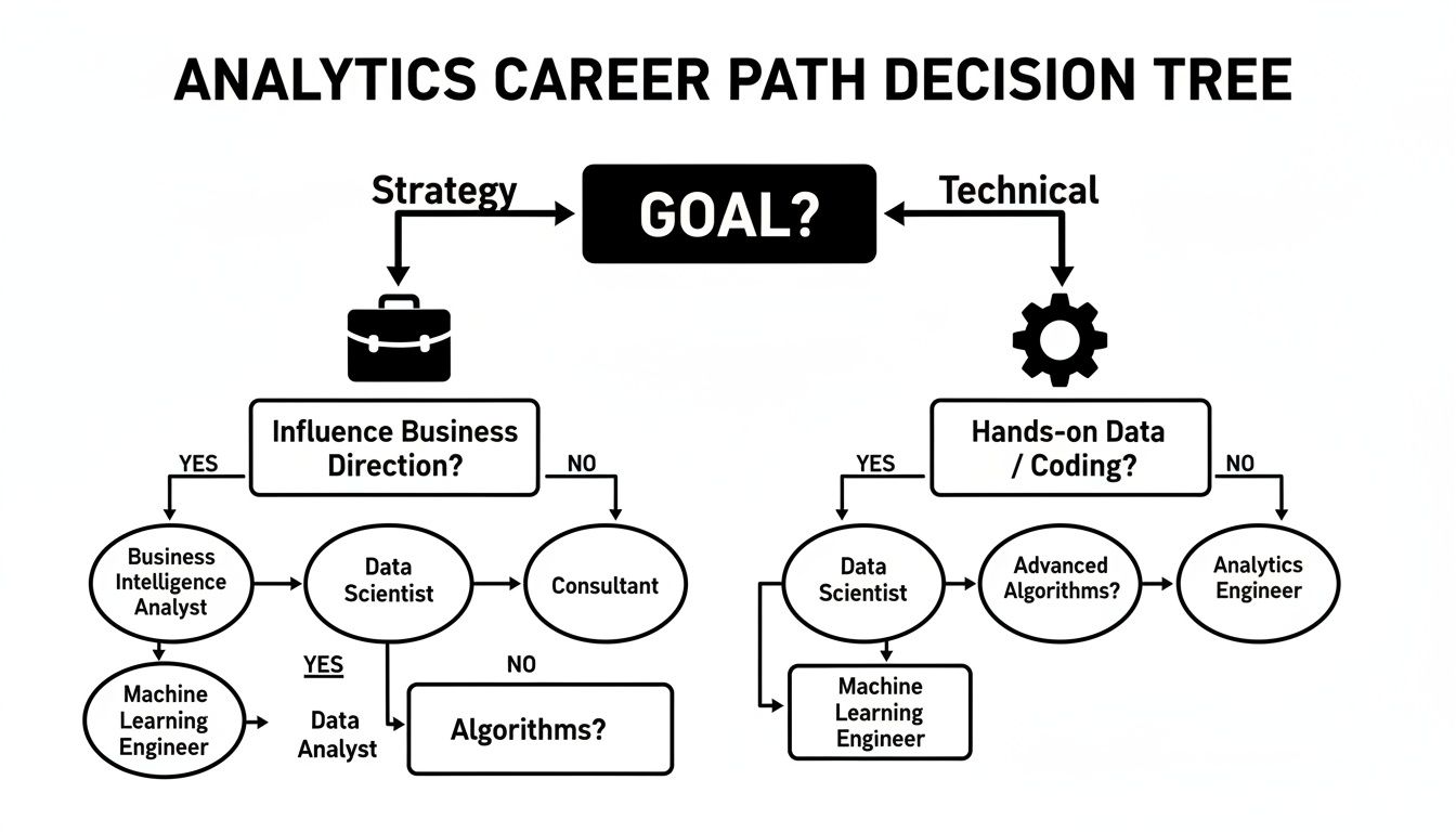 Analytics career path decision tree guiding individuals through strategic and technical roles based on skills.