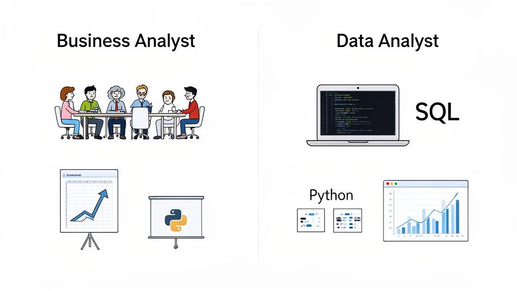 An image comparing Business Analyst and Data Analyst roles, highlighting their different tools and activities like meetings, spreadsheets, SQL, and Python.