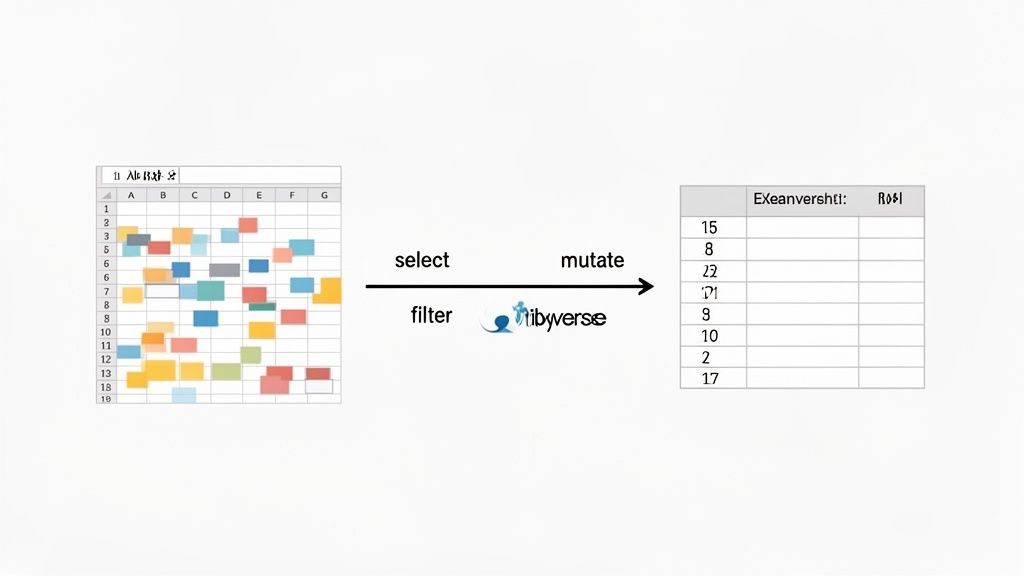 A diagram showing data transformation from a colorful spreadsheet into a column of numbers using tidyverse operations.