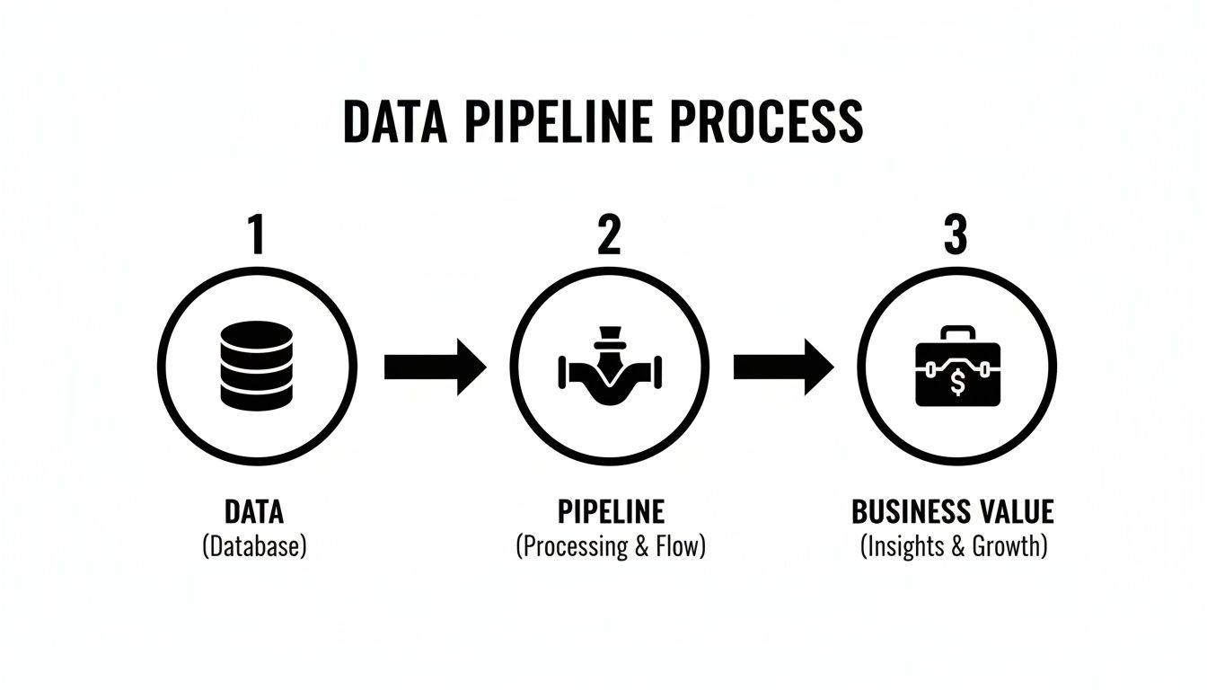 A diagram illustrating the data pipeline process from Data (Database) to Pipeline (Processing & Flow) to Business Value (Insights & Growth).