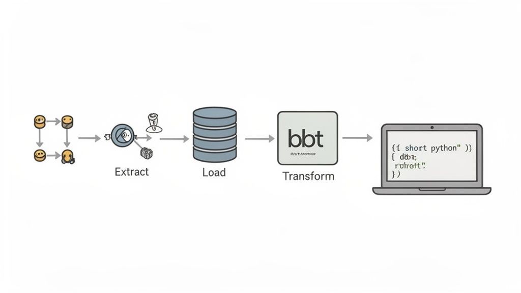 A diagram illustrating the ELT data pipeline process: Extract, Load, and Transform steps, ending with a laptop display.
