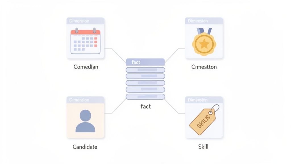 Star schema data model diagram with a fact table and dimensions for events, participants, and skills.