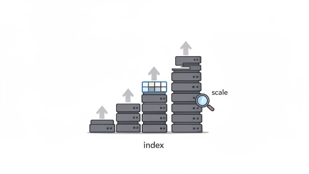 Illustration of data scaling and indexing, showing increasing server stacks and a magnifying glass.