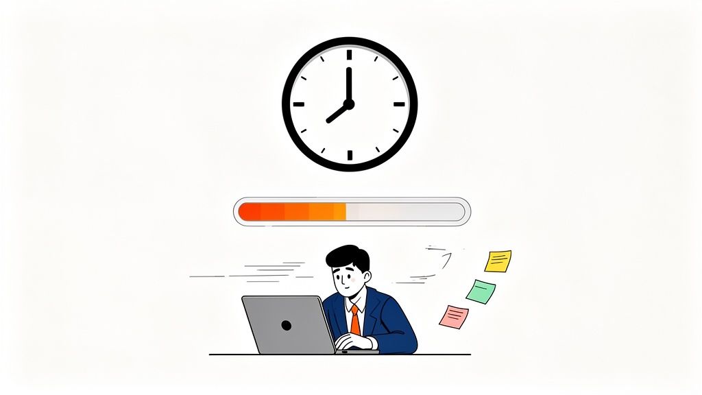 A man works on a laptop, a clock and progress bar above him suggest time management.