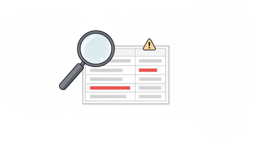 Magnifying glass inspecting a data table, highlighting errors with red rows and a warning icon.
