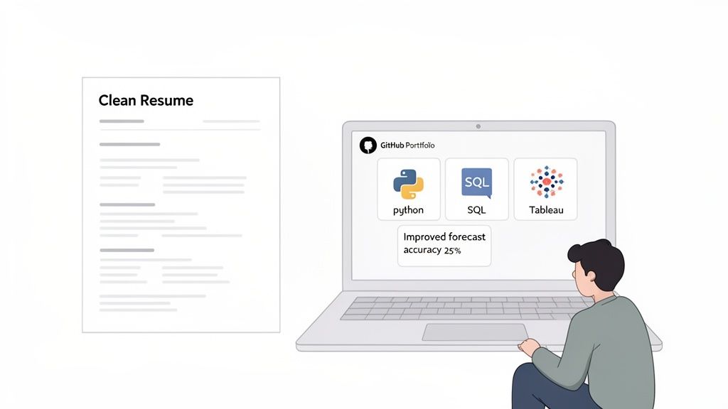 A person reviews a clean resume and a laptop displaying a data science GitHub portfolio with Python, SQL, and Tableau skills.