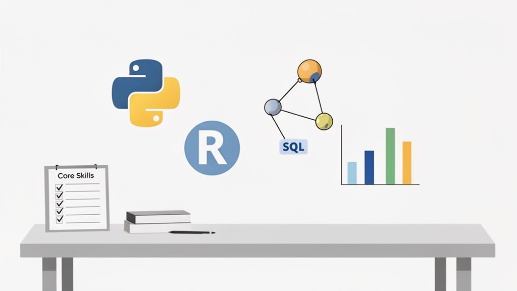 An illustration showing a checklist of core skills, Python, R, SQL, and data visualization tools.