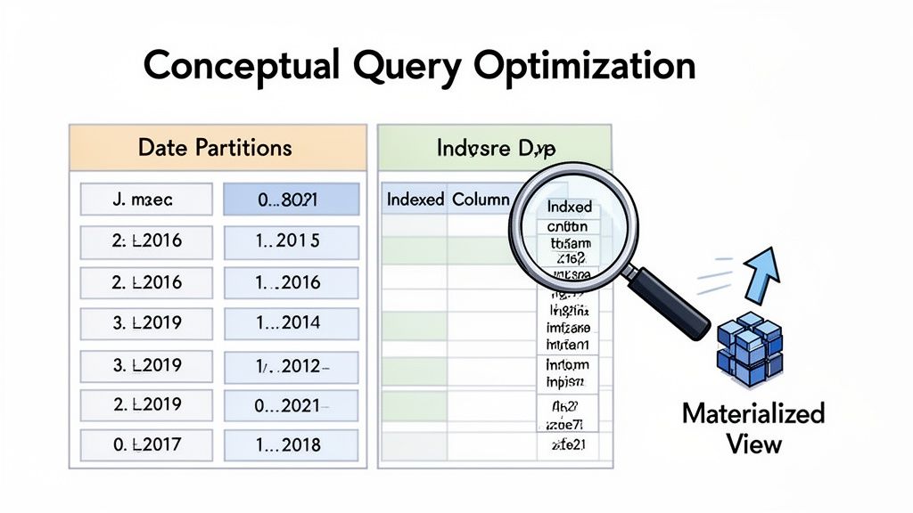 Diagram illustrating conceptual query optimization with date partitions, indexed columns, and materialized views.
