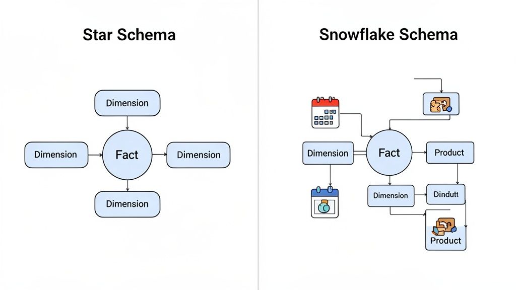 Diagram comparing Star Schema and Snowflake Schema, illustrating different data warehousing normalization levels.