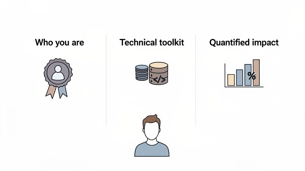 Illustration depicting a professional profile: personal identity, technical skills, and quantified impact.