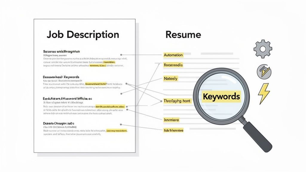Diagram illustrating job description keywords being matched to resume keywords for optimization.
