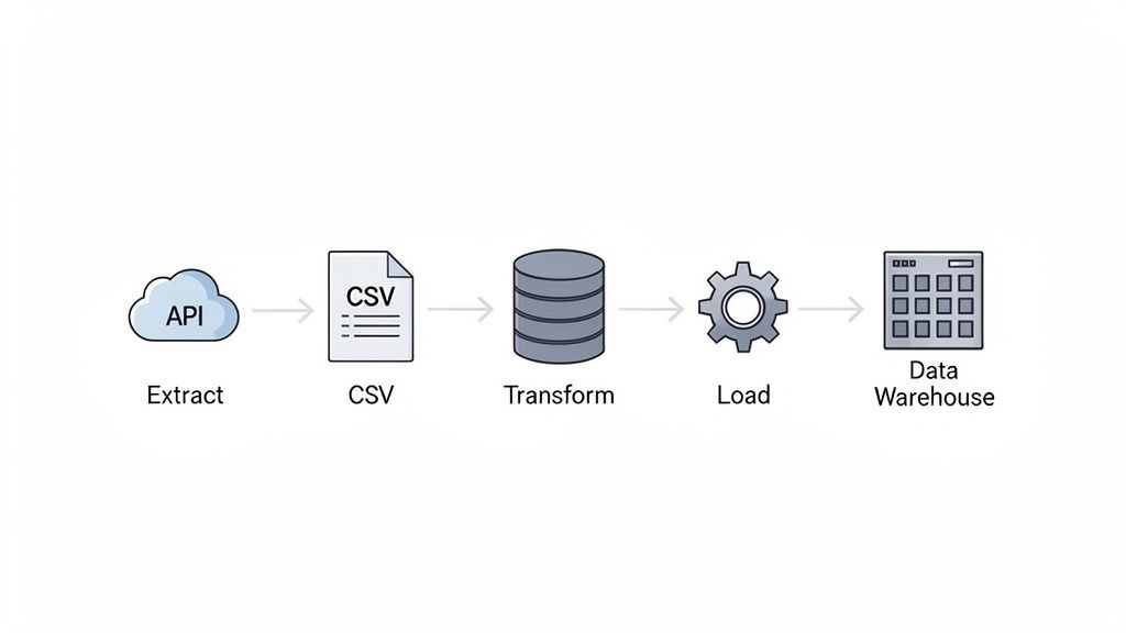 A diagram illustrating the data pipeline steps: Extract from API, CSV, Transform, Load, and Data Warehouse.