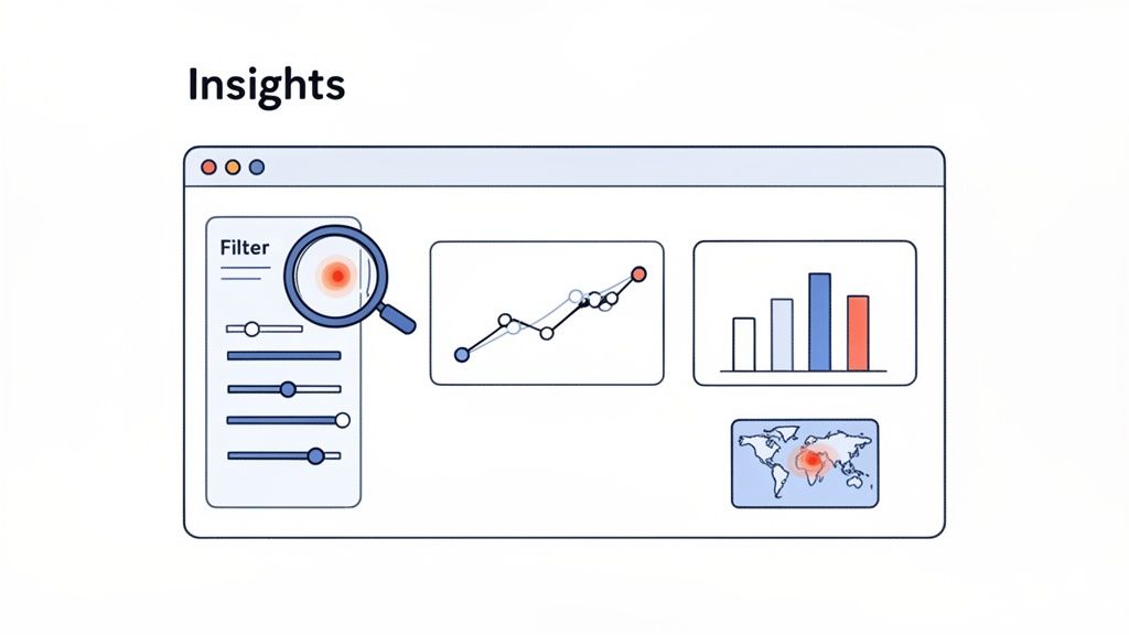 A data insights dashboard with filters, a magnifying glass, line graph, bar chart, and a world map.