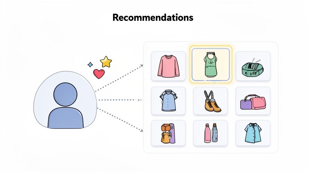 An icon of a person with a heart and star, pointing to a grid of recommended products like clothes and accessories.