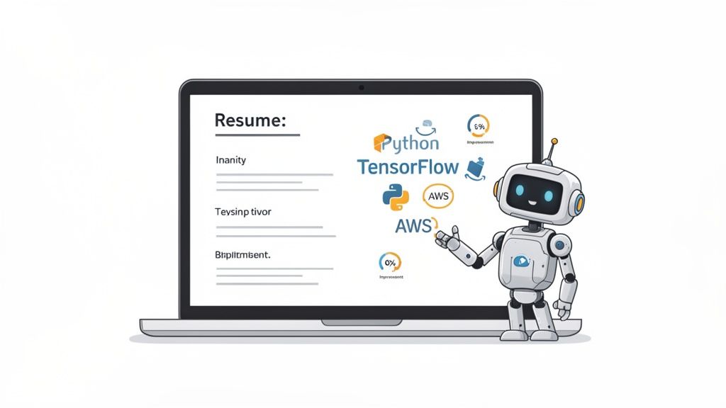 A cute robot points to a laptop screen displaying a resume with Python, TensorFlow, and AWS skills.