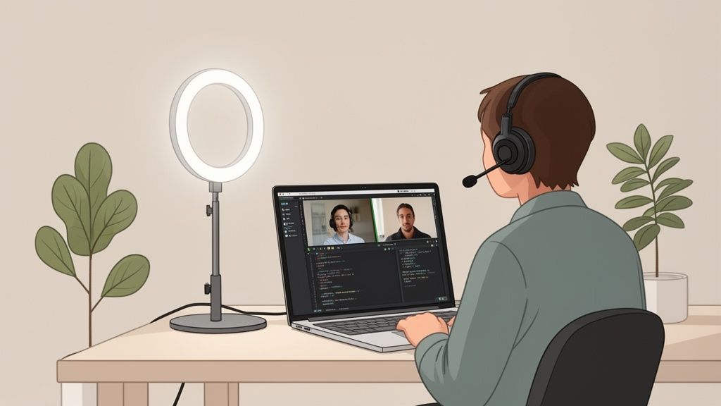 An animated person coding and video conferencing on a laptop, with a ring light and plants.