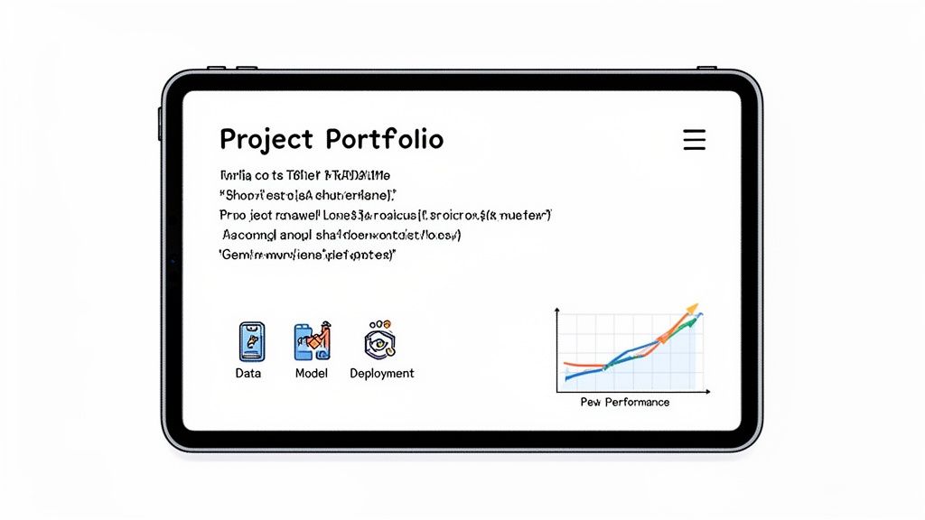A tablet displays a project portfolio with data, model, and deployment stages, plus a performance graph.