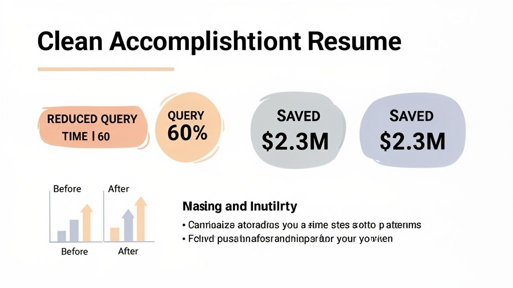 Resume slide showcasing reduced query time, 60% query improvement, and $2.3 million saved.