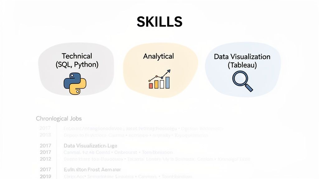 A resume example highlighting skills: Technical (SQL, Python), Analytical, and Data Visualization (Tableau).