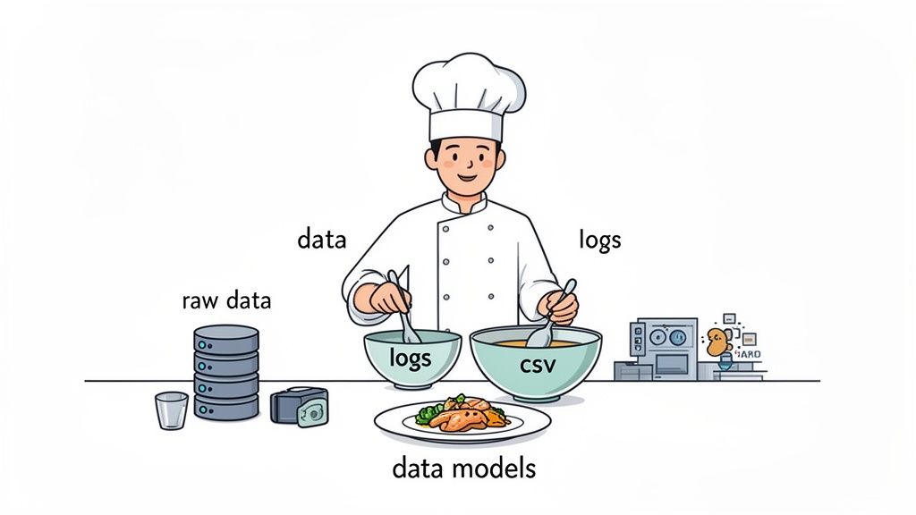 A chef processes raw data, combining logs and CSV inputs to create data models.