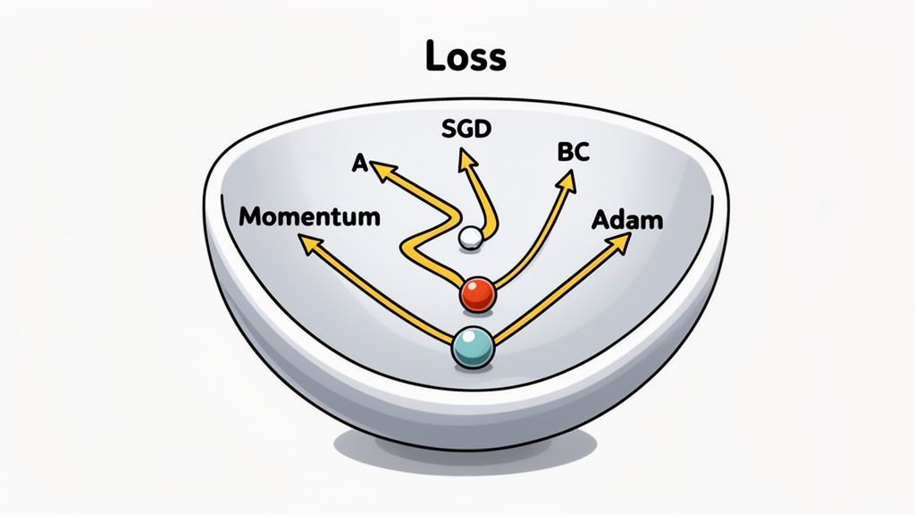A diagram showing how Momentum, SGD, and Adam optimizers navigate a loss function to find minima.