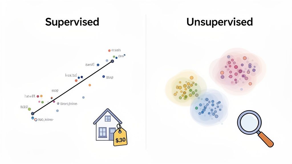 Illustration comparing supervised machine learning (labeled data, regression line, house price) with unsupervised learning (unlabeled data, clustering, discovery).