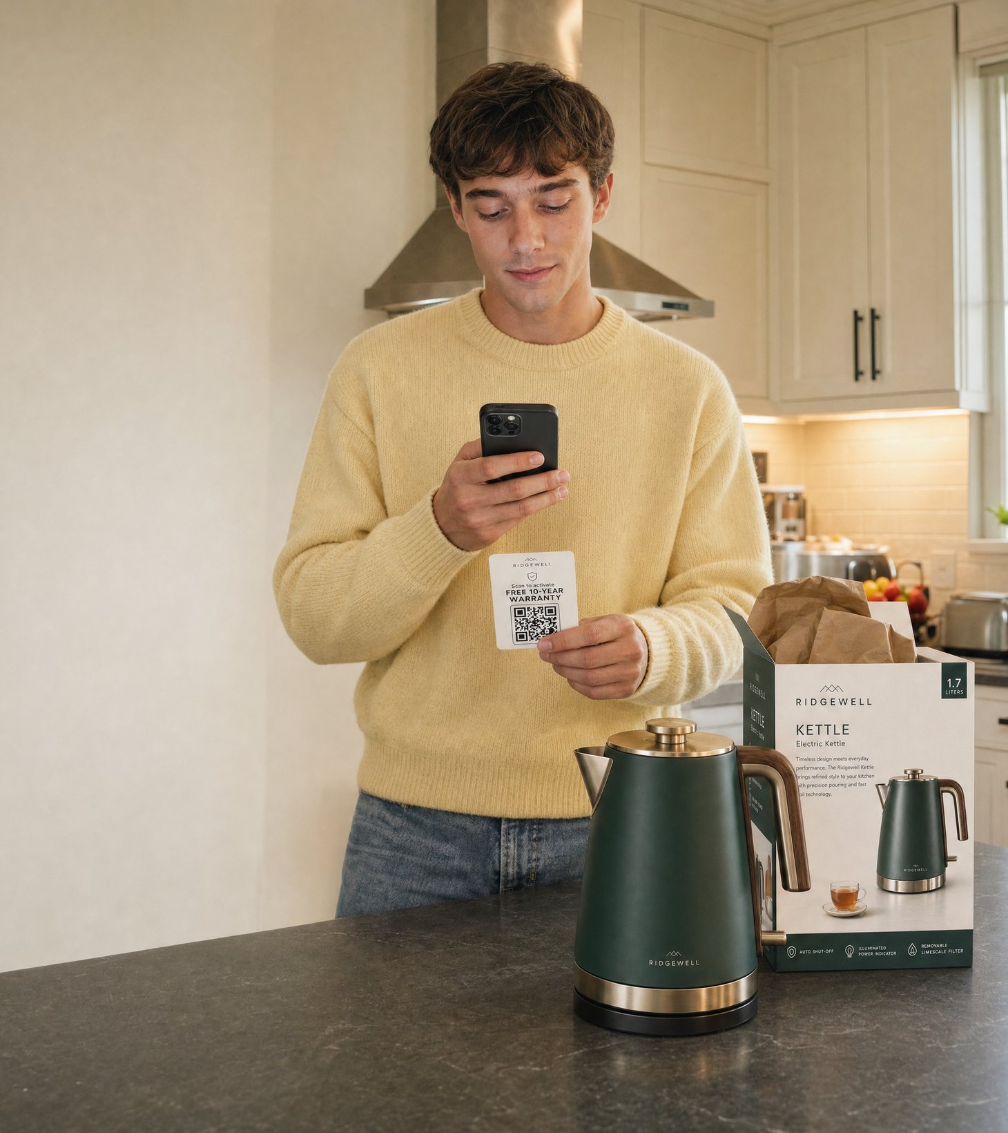 A shopper scanning a QR code on a warranty card to register a newly bought kettle