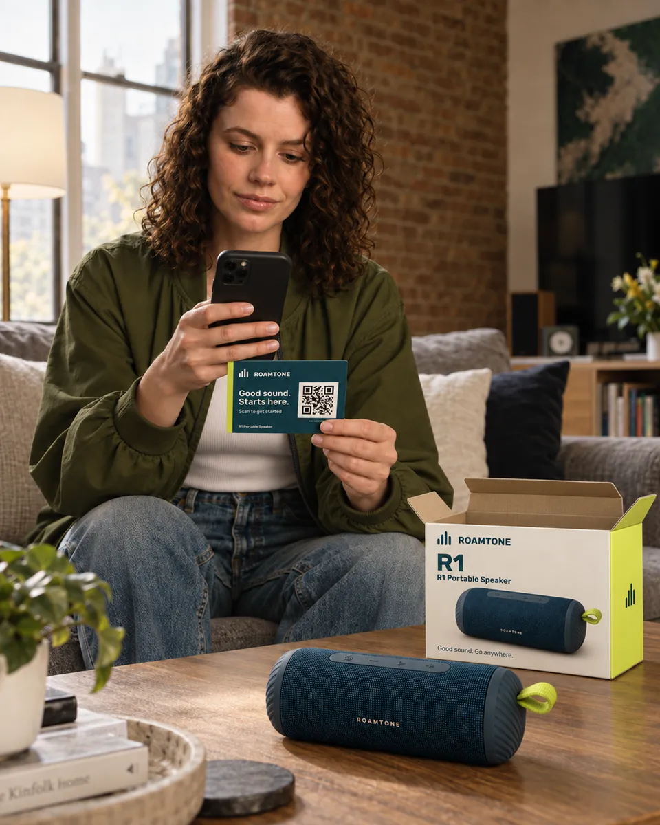 Customer at home scanning the QR card from her speaker box