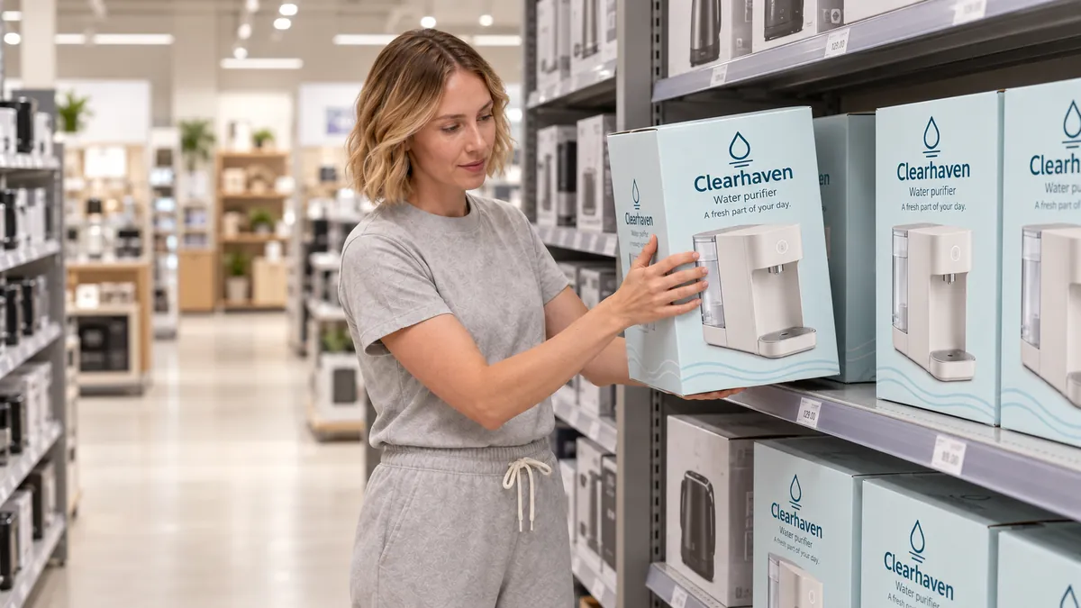 Shopper taking a water purifier box off a store shelf