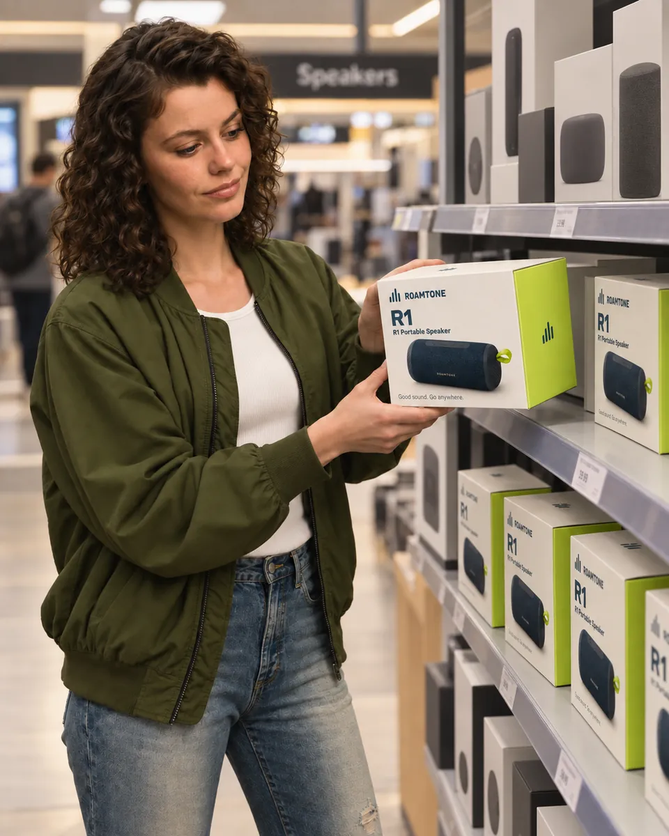 Shopper choosing a portable speaker at a retail store