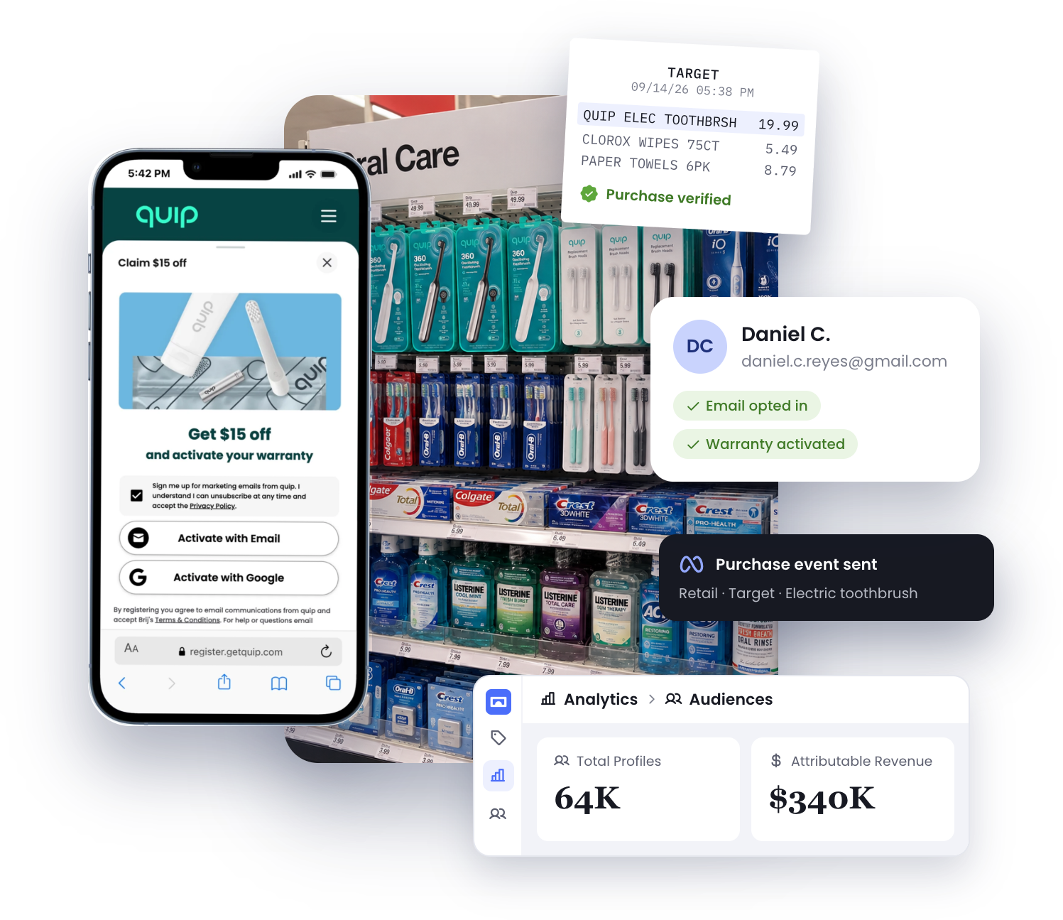 image shows Quip's post-purchase experience, built using Brij, along with a dashboard that shows total retail buyer profiles captured and total attributable DTC revenue. 