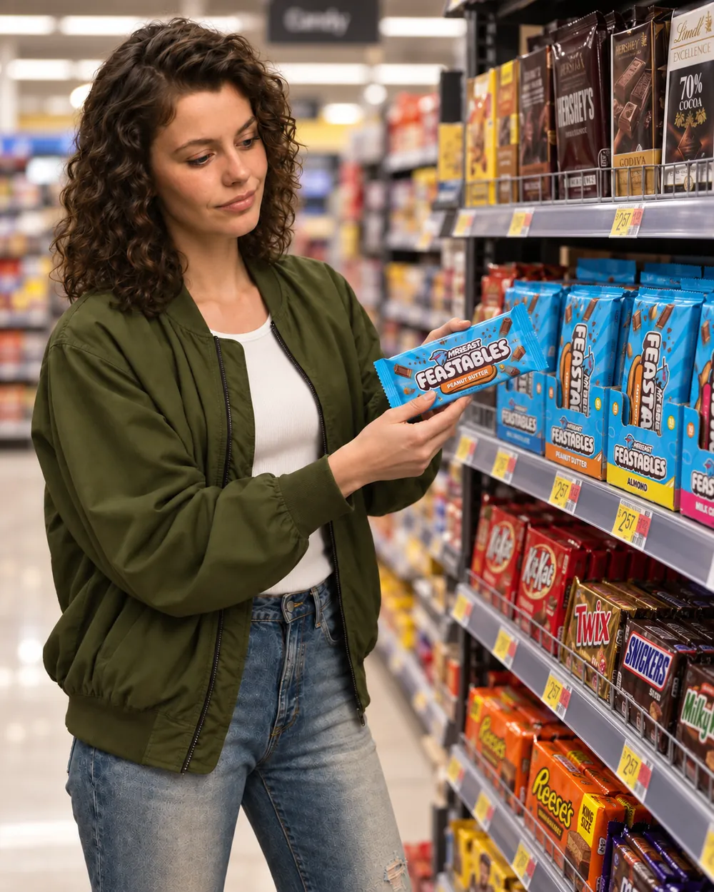 Shopper holding a Feastables bar in the candy aisle