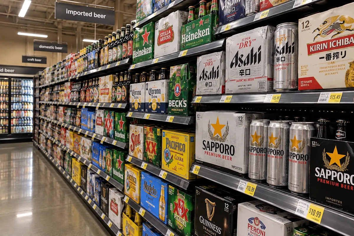 Sapporo and imported beers on a grocery store shelf
