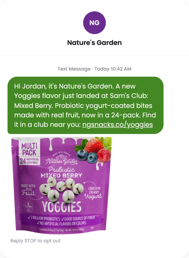 Nature's Garden text message announcing new Mixed Berry Yoggies