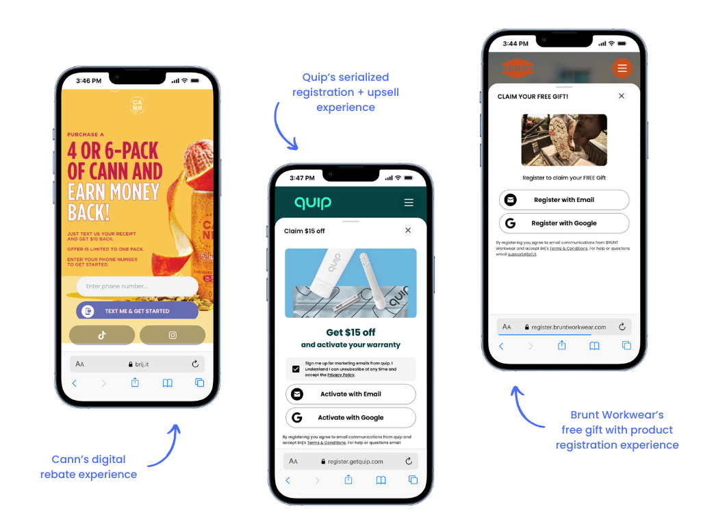 Examples of Brij experiences from Cann, Quip, and Brunt Workwear.