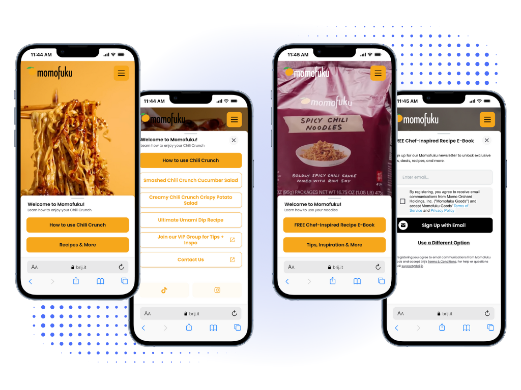 Examples of Momofuku's Brij Dynamic Content Experiences, featuring gated content and product usage guides. 