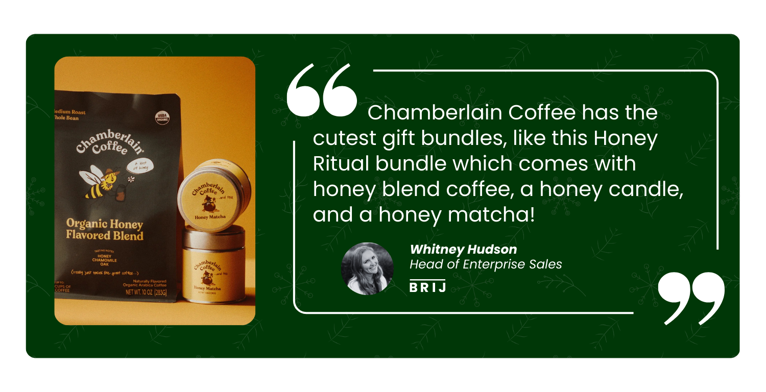 Chamberlain Coffee has the cutest gift bundles, like this Honey Ritual bundle which comes with honey blend coffee, a honey candle, and a honey matcha.
