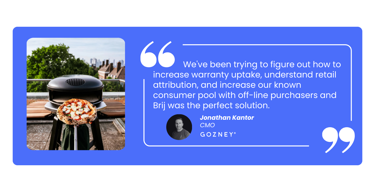 "“ We've been trying to figure out how to increase warranty uptake, understand retail attribution, and increase our known consumer pool with off-line purchasers and Brij was the perfect solution." - Jonathan Kantor, CMO of Gozney
