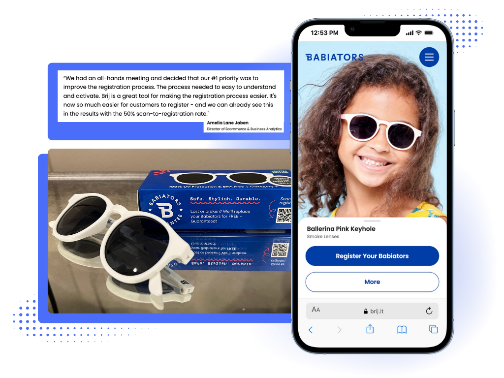 Image of Babiator's sunglasses and packaging, image of Babiator's Brij registration experience