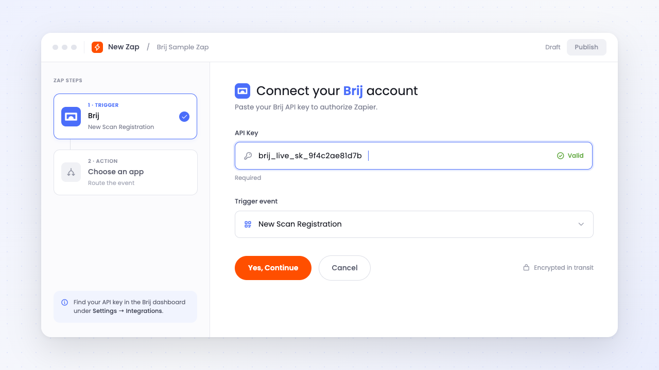 Use Brij's API key to create custom zaps with Zapier.