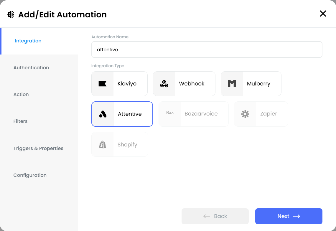 Add Attentive to Brij in the Automations tab.