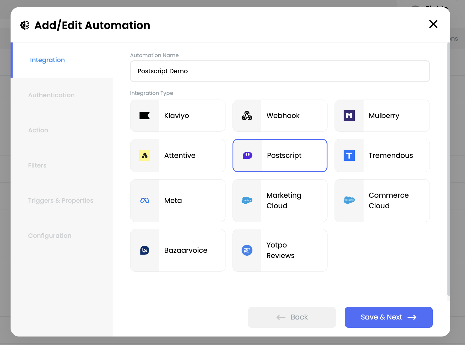 Integrate Postscript with Brij in the Automations tab.