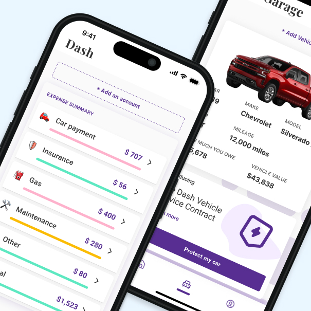 Two screens for an app called Dash. Shows Car expense summary on one and a picture of a red chevy silverado truck.