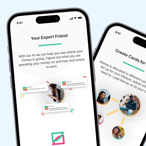 Two mobile phone screens in an iPhone 14 pro. Onboarding designs for an app called Splitzy