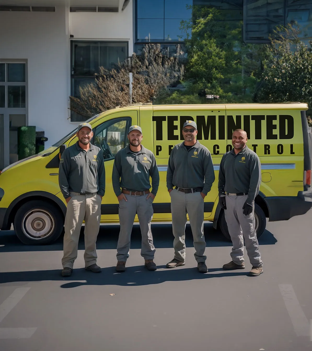 A team of pest controllers standing proud together in front of their van
