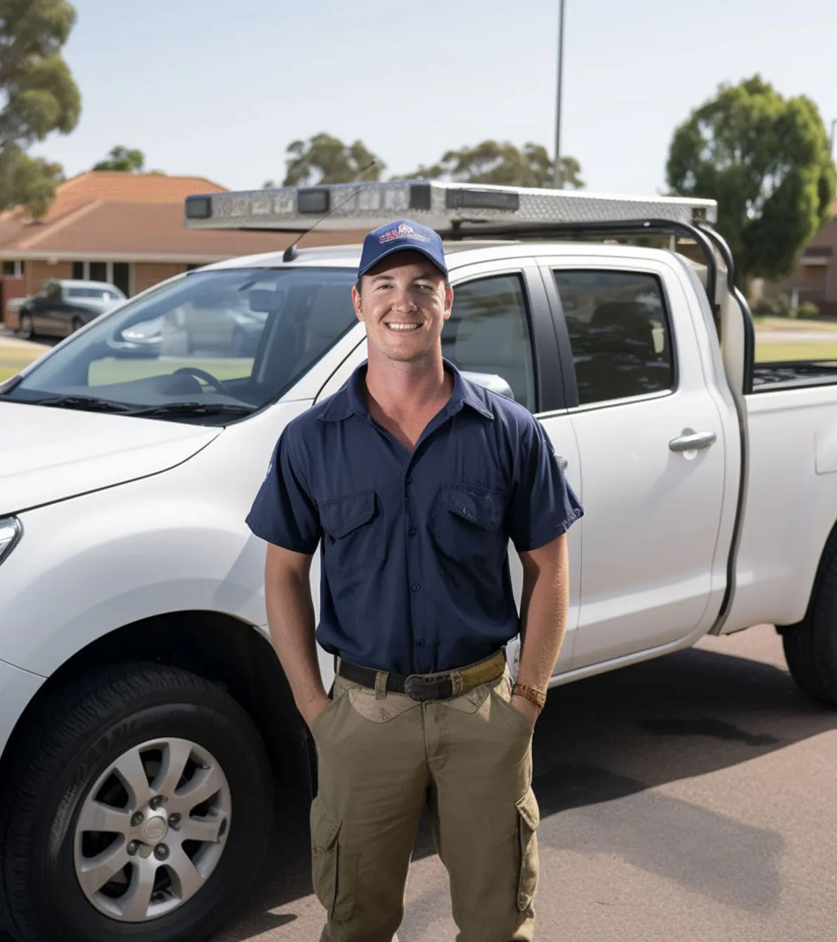 A photo of a New Pest controller business owner standing in front of his car