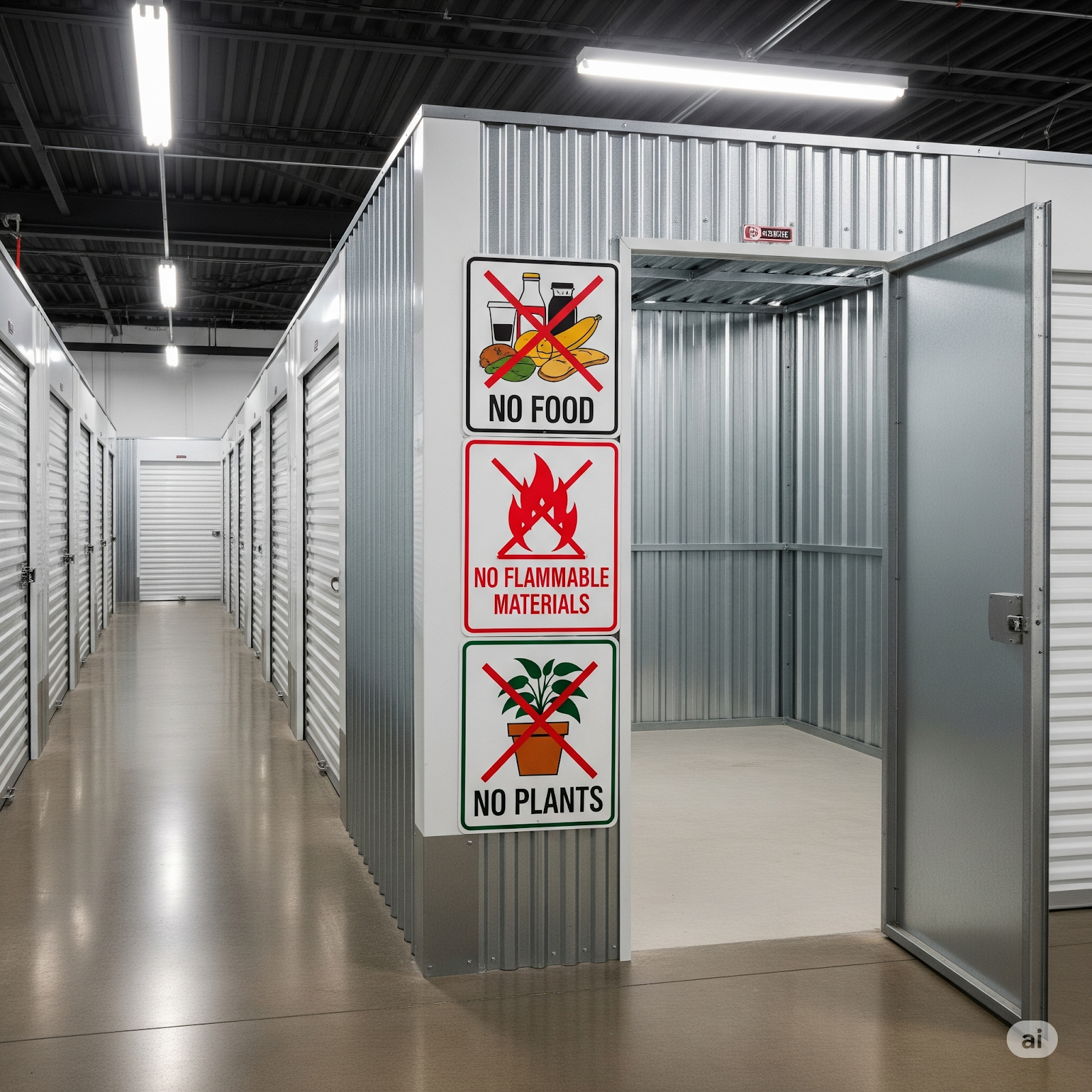 A sel storage unit with the door opened and some signs 